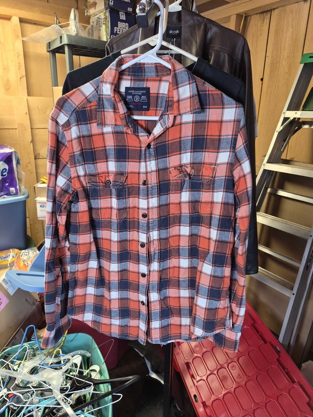American Eagle Outfitters Orange, Gray and White Plaid Button-Down Shirt Bin 66
